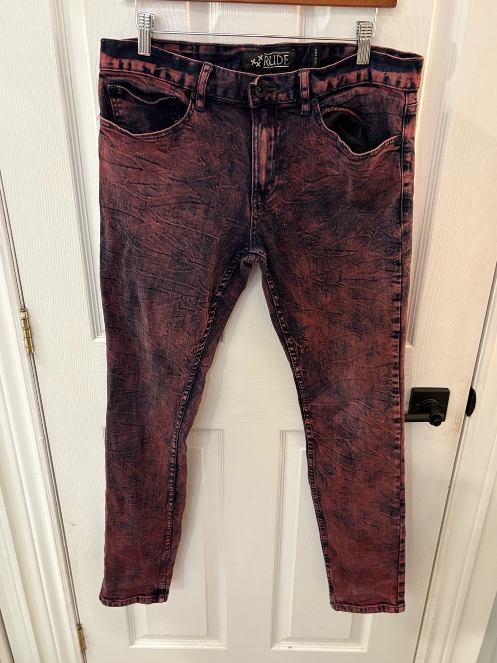 Super Skinny Jeans in Marbled Burgundy and Black